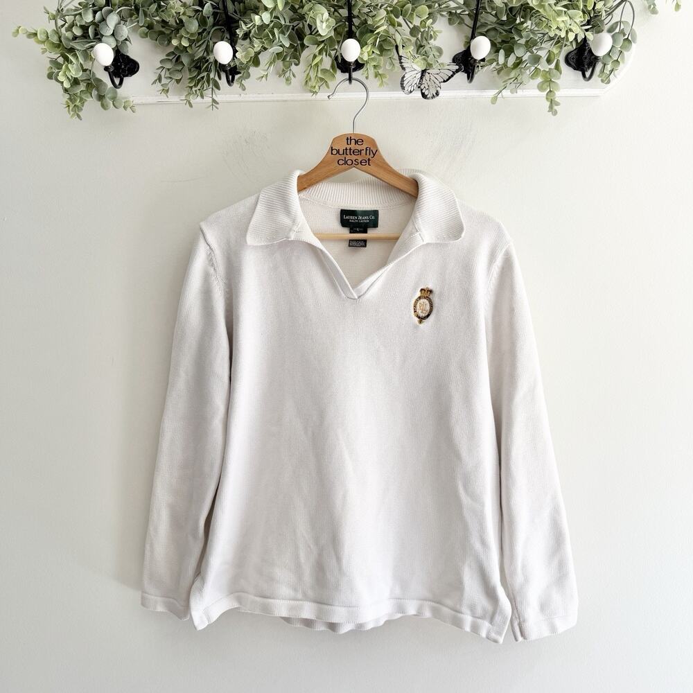 Vintage Ralph Lauren Crescent Embroidered Collared V Neck Sweater Large Off Whit